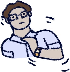 A person with motion lines around their head and arm. Their head is tilted a little, and their arm is jerking inwards. they have glasses, a formal shirt, and a watch or bracelet. they have pale skin, brown hair, and a pale blue shirt.
